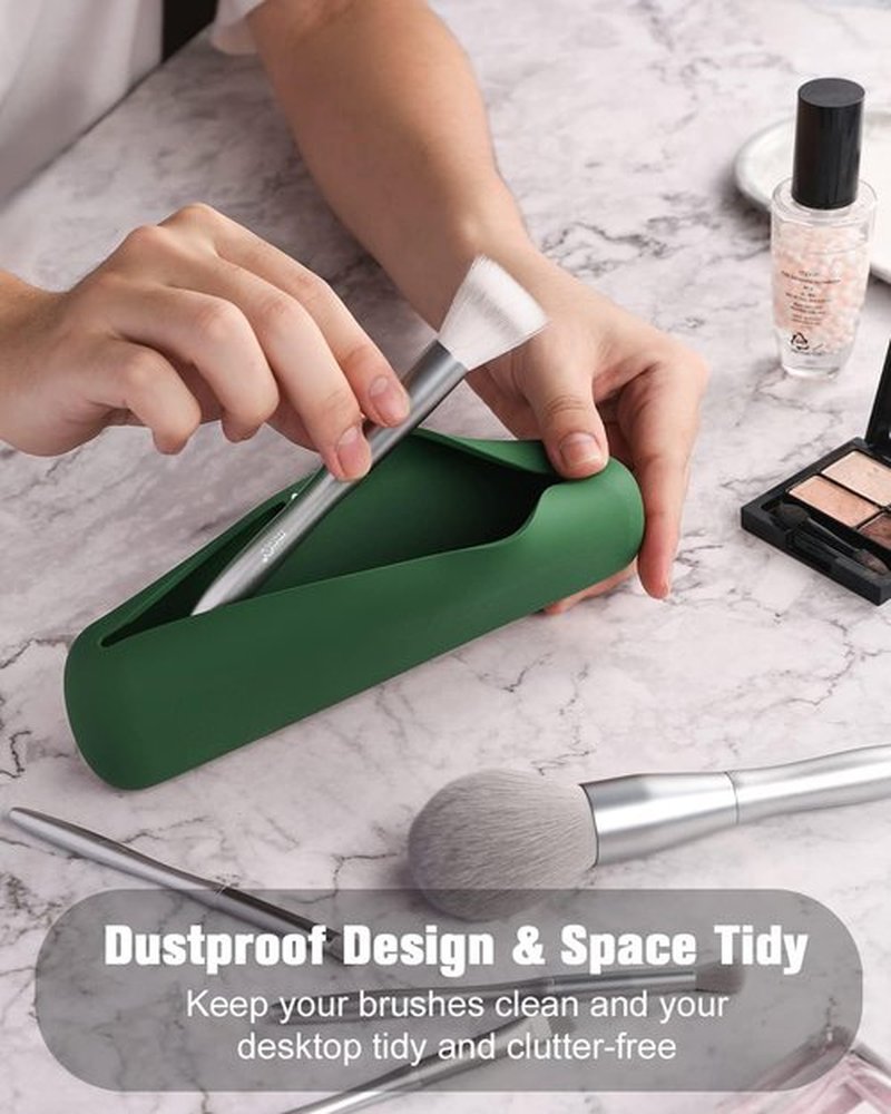 FERYES Makeup Brush Holder, Magnetic Anti-fall Out Silicon Portable Cosmetic Face Brushes Holder, Soft and Sleek Makeup Tools Organizer for Travel- Green