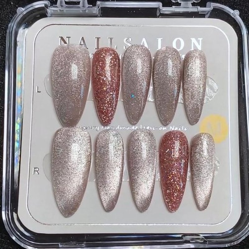 CAMILCY Handmade Nails Press on Almond Nail Pointed Green Gold Crystal Glitter Design Hand painted Reusable Gel UV Finished Pre shaped False Nails for Women 10pcs 3D Handmade Nails (A030, L)