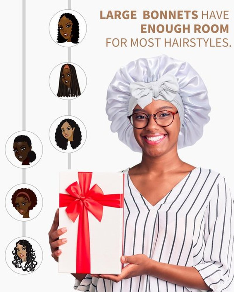 Satin Bonnet for Women Silk Bonnets for Sleeping Curly Hair Bonnet with Elastic Tie Band Reversible Double Layer Sleep Cap Hair Wrap (Pink + Grey)