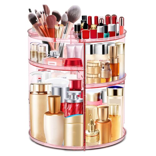 LeeWent 360 Rotating Makeup Organizer, Large Capacity Cosmetics Organizer for Perfume Holder Organizer Countertop DIY Spinning Makeup Organizer Fits Makeup Brushes Lipsticks Clear (Pink)