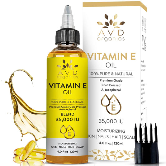 AVD ORGANICS Vitamin E Oil for Skin - 100% Pure & Natural, 35,000 IU | Premium Grade, Cold-Pressed and Tocopherol Vit E Oil to Repair Dry, Damaged Skin| Moisturizing, Hair and Scalp 4.05 Fl Oz