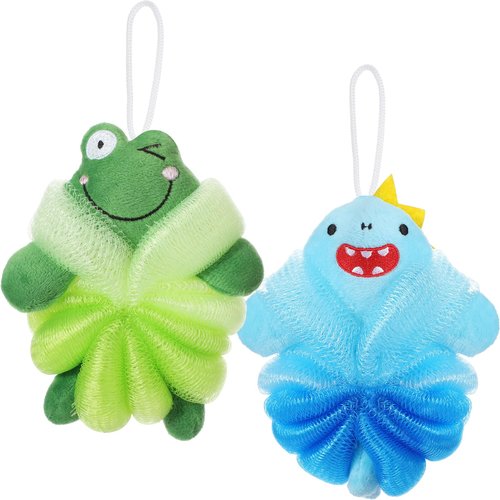Nuenen 2 Pcs Bath Loofahs Kids Toddler Body Loofahs Cute Cartoon Kids Loofah Kid Bath Sponges Loofah Bath Pouf Body Scrubber Mesh Loofah Sponges for Children Shower Washing (Shark, Frog)