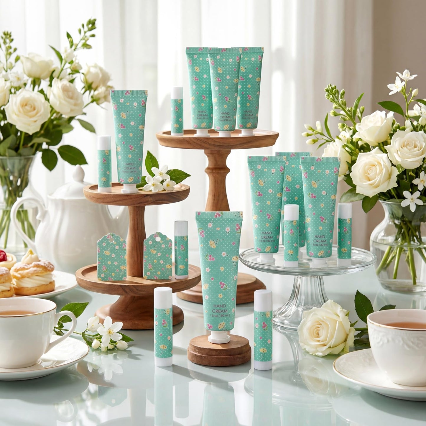 Loopeer 24 Sets / 96 Pcs Tea Party Hand Cream and Lip Balm Gift Flower Spring Party Favors for Guest Floral Flavor Travel Size Hand Lotion and Lip Balm Bulk Wedding Bridal Shower Birthday(Flower)
