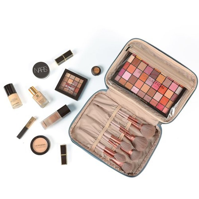 NISHEL Large Double Layer Travel Makeup Bag Women, Large Cosmetic Case, Organizer for Travel-Size Accessories Bottles, Brushes, Conditioner, and Skin Care Products, Lake Blue