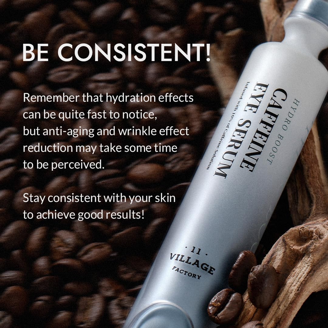 VILLAGE11FACTORY Hydro Boost Caffeine Eye Serum with 10% Caffeine Solution, Niacinamide, Hyaluronic Acid & Hexapeptide-8 for Depuffing, Elasticity, Dark Circle Treatment (0.33 fl.oz./10ml)
