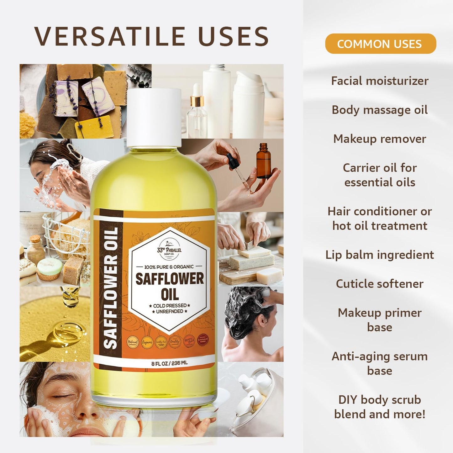 ORGANIC SAFFLOWER OIL (32 oz) Premium Cold Pressed Unrefined High Oleic 100% Pure Safflower Oil for Skin, Face, Hair, Soap Making | Carrier for Essential Oils | Available in Bulk | 32 FL OZ