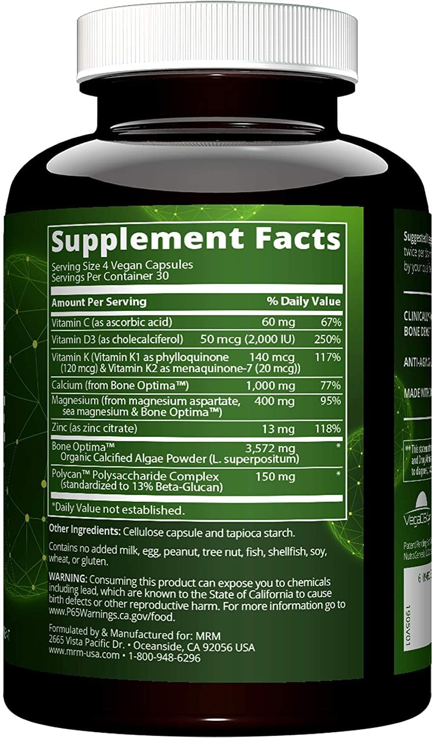 MRM Nutrition Vegan Bone Maximizer | Bone Strength + Density | Organic Certified Algae | with Vitamin K2 + D3 | Clinically Proven | Anti-Aging Nutrition | Gluten-Free | 30 Servings