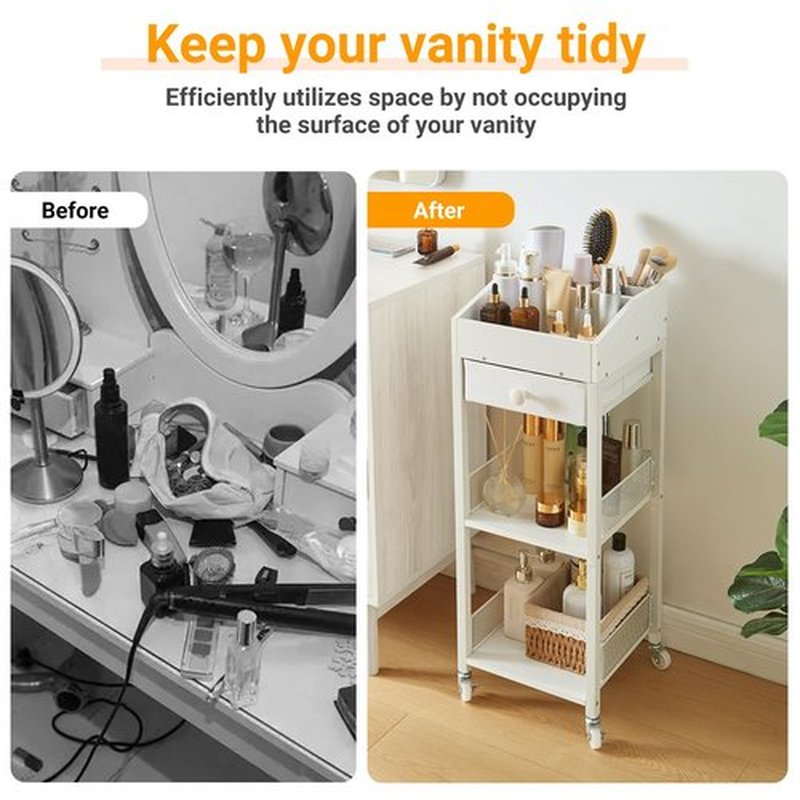 HUSHEDIFY Makeup Organizer Cart,3 Tier Floor Make up Storage Stand with Drawer, Free Standing Skincare Cosmetic Display Holder with Wheels for Vanity Bedroom Dresser Bathroom(White)