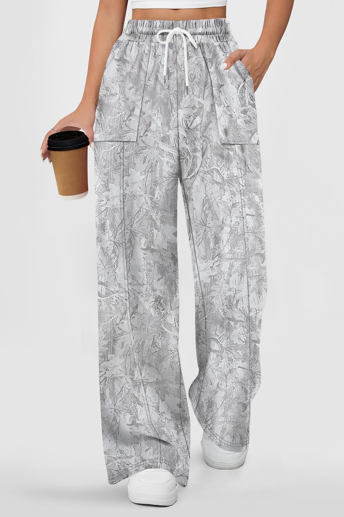 ALIMASHA Women's High Waisted Drawstring Waist Wide Leg Sweatpants with Pockets Casual Loose Yoga Pants Camo Gray M