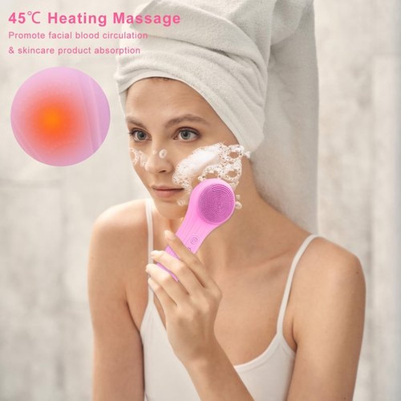 Feoflen Silicone Face Scrubber Exfoliator, Silicone Face Wash Brush for Men & Women, Ipx7 Waterproof Rechargeable Facial Cleaner for Deep Cleansing, Exfoliating, Massage Face Scrubber (Rose red)