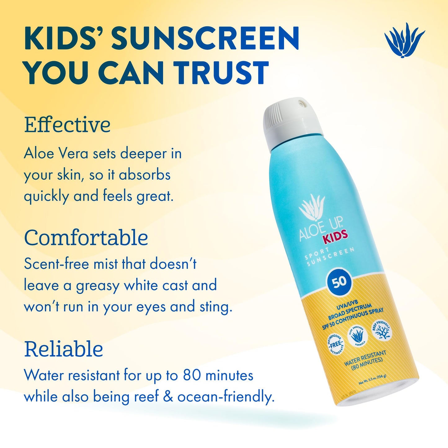 Aloe Up Kids Sport Sunscreen Spray SPF 50, Water Resistant, 5.5 oz
