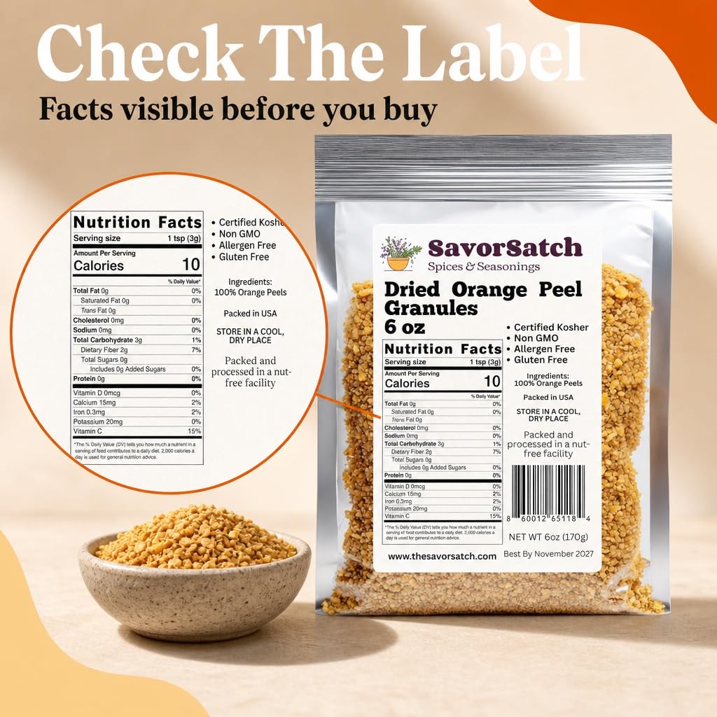 SavorSatch Dried Orange Peel Granules - 6 oz Stand-Up Resealable Pouch | Certified Kosher, Non-GMO | Product of Spain | Fresh and Zesty Citrus Flavor for Cooking, Baking, and Beverages