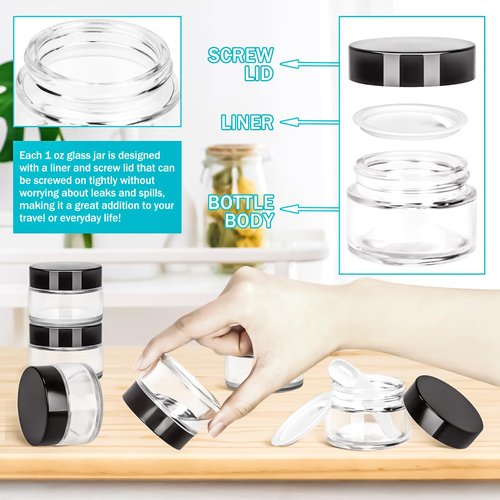 MotBach 6 Pack 1 oz Glass Jars with Lids 60ml Mini Round Clear Glass Jars with Inner Liners and Spatulas, Travel Size Containers Jars for Toiletries Creams Makeup Cosmetic Sample Lotion (Black Lid)
