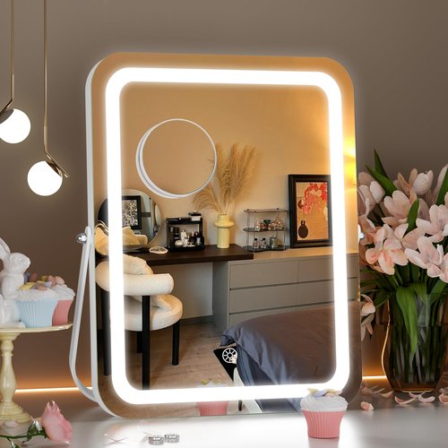 Hasipu Vanity Mirror with Lights, 11" x 14" LED Makeup Mirror, 3 Modes Light, Smart Touch Control Dimmable, 360°Rotation, Rectangle White Frame, with 5X Magnifying Glass