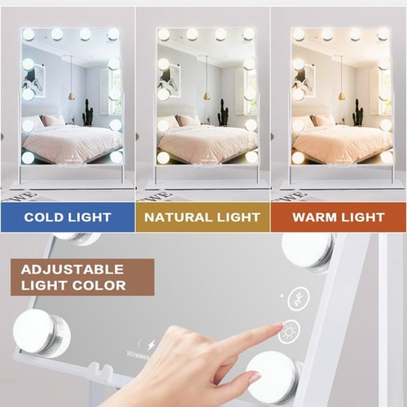 Leishe Hollywood Vanity Mirror with Lights and Speaker Lighted Makeup Mirror with Wireless Charging and 3 Lighting Modes, Detachable 10x Magnification (11.81" x 16.14")