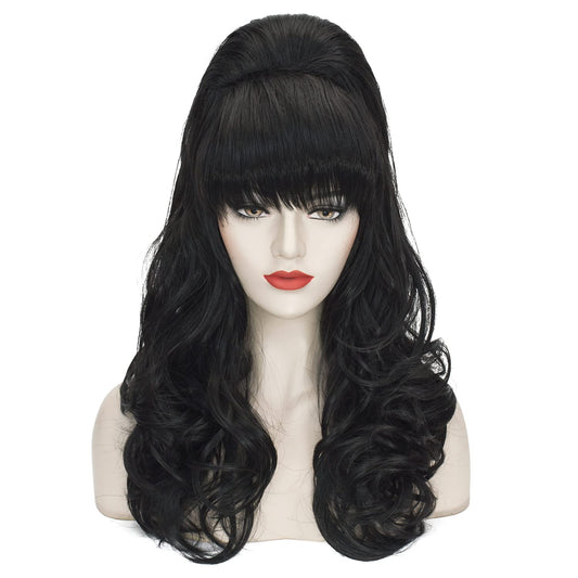 Beehive Wig Black Women Vintage Long Curly Bouffant Updo Victorian Fembot Wig 60s 50s Costume Married Housewife Heat Resistant Synthetic Hair Wigs for Halloween Party + Wig Cap
