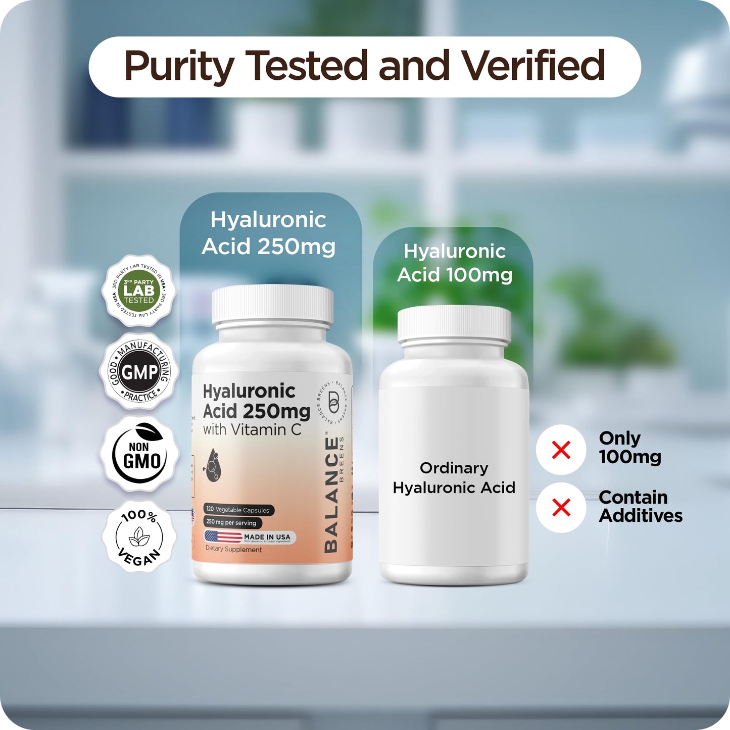 Pure Hyaluronic Acid Supplement 250mg with Vitamin C 50mg, 120 Vegan Capsules - Skin Hydration for Natural Glow, Hair, Nails, Bone & Joint Health Formula