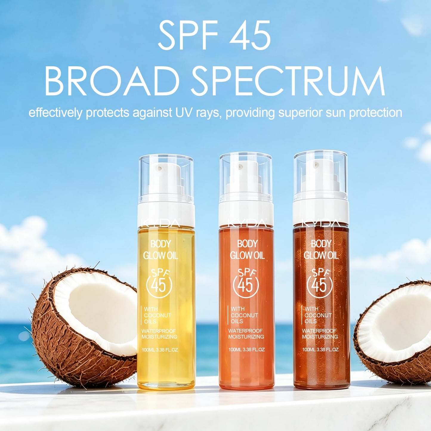 FREEORR SPF 45 Body Glow Oil, Travel Size Sunscreen Oil with Gold Mica, Moisturizing Coconuts Summer Sunscreen, Lightweight Sun-kissed Glow Skin Illuminator, Water Resistant, 3.38 fl oz, GOLD