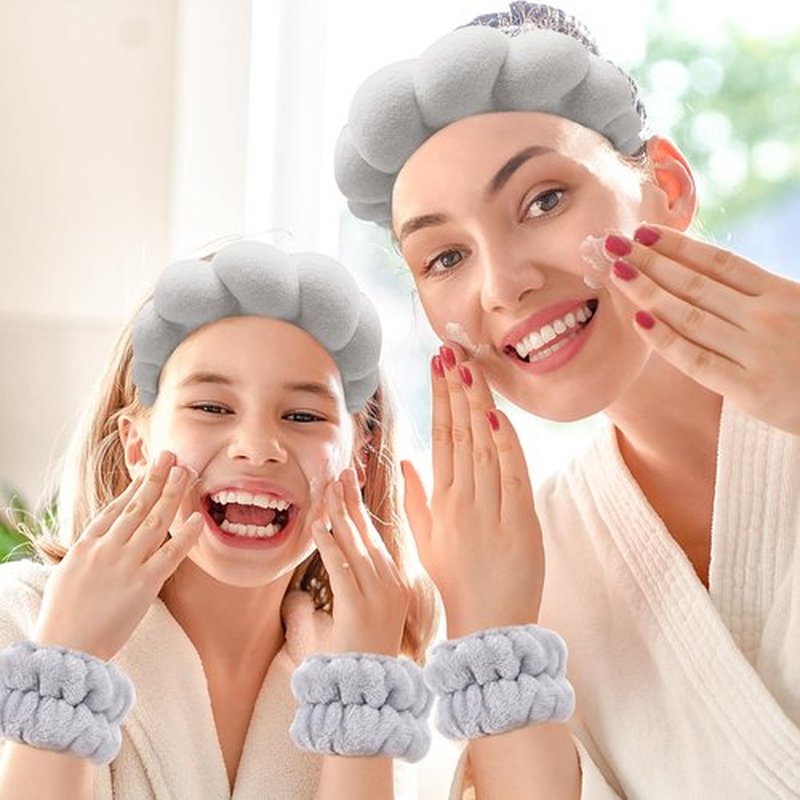 Zkptops Spa Headband for Washing Face Wristband Set Sponge Makeup Skincare Terry Cloth Headband Bubble Soft Get Ready Hairband for Women Girl Puffy Padded Headwear Non Slip Hair Accessory(Light Grey2)