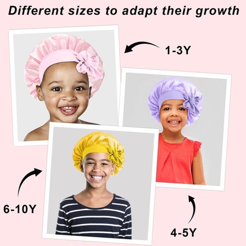 3 Pcs Kids Silk Bonnet for Sleeping - Baby Hair Bonnet for Sleeping,Kids Satin Bonnets for Girls with Adjustable Wide Elastic Band,Sleeping Cap for Teens Toddler Child Curly Hair(Pink+Purple+Yellow)