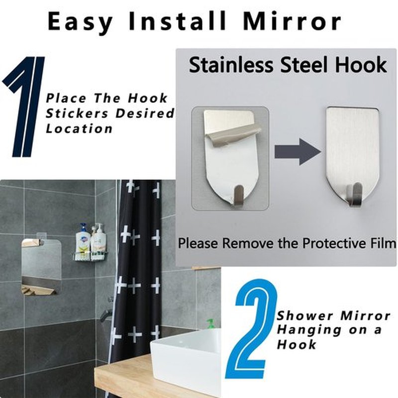 quegau Shatterproof Shower Mirror for Shaving with Hook (Small 5 x 6 inch) 40% Cheaper Than The Original,Unbreakable Deluxe Plexiglass Makeup Mirror,Bathroom Wall Hanging,Portable Handheld Camping