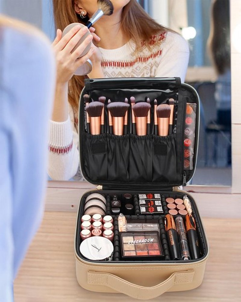 Relavel Travel Makeup Train Case Makeup Cosmetic Case Organizer Portable Artist Storage Bag with Adjustable Dividers for Cosmetics Makeup Brushes Toiletry Jewelry Digital Accessories Brown