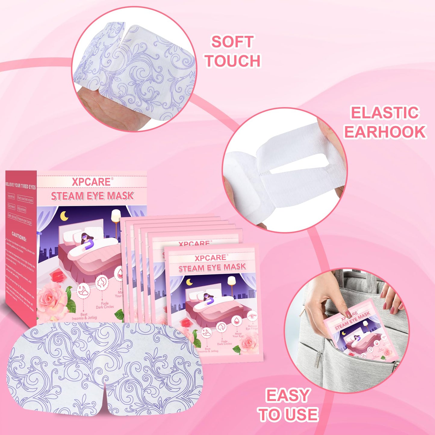 XPCARE 24 Pack Steam Eye Masks for Dry Eyes, SPA Warm Sleep Eye Mask, Disposable Heated Eye Mask for Dark Circles, Puffy Eyes, Relief Stress Eye Fatigue(Rose)
