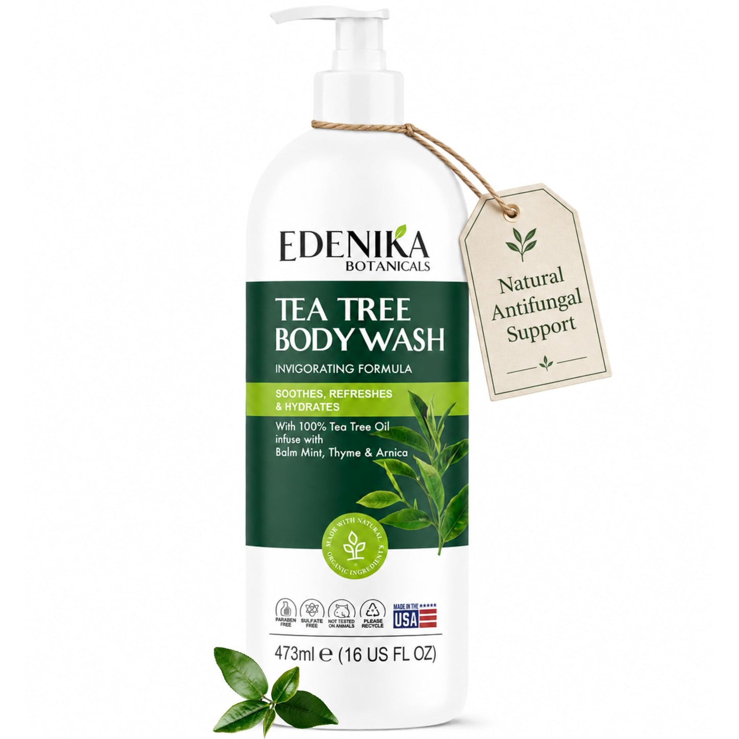 EDENIKA BOTANICALS Tea Tree Body Wash with Balm Mint, Arnica & Pure Organic Tea Tree Oil for Skin Therapy, Deep Cleansing, Soothing & Refreshing for Sensitive, Itchy Skin, Men & Women, 16 fl oz