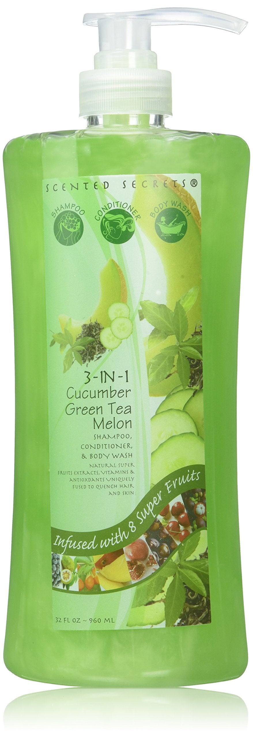 Scented Secrets 3 In 1 Shampoo, Conditioner and Body Wash, Cucumber Green Tea Melon, 32 Ounce