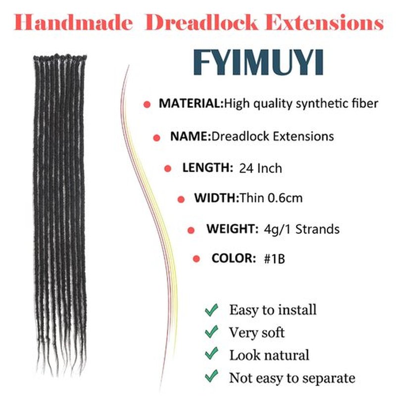 24inch Natural Black Dreadlock Extenisons Thin 0.6cm 20 Strands Handmade Synthetic Crochet Hair Super Long Dread Extensions Reggae Style For Women