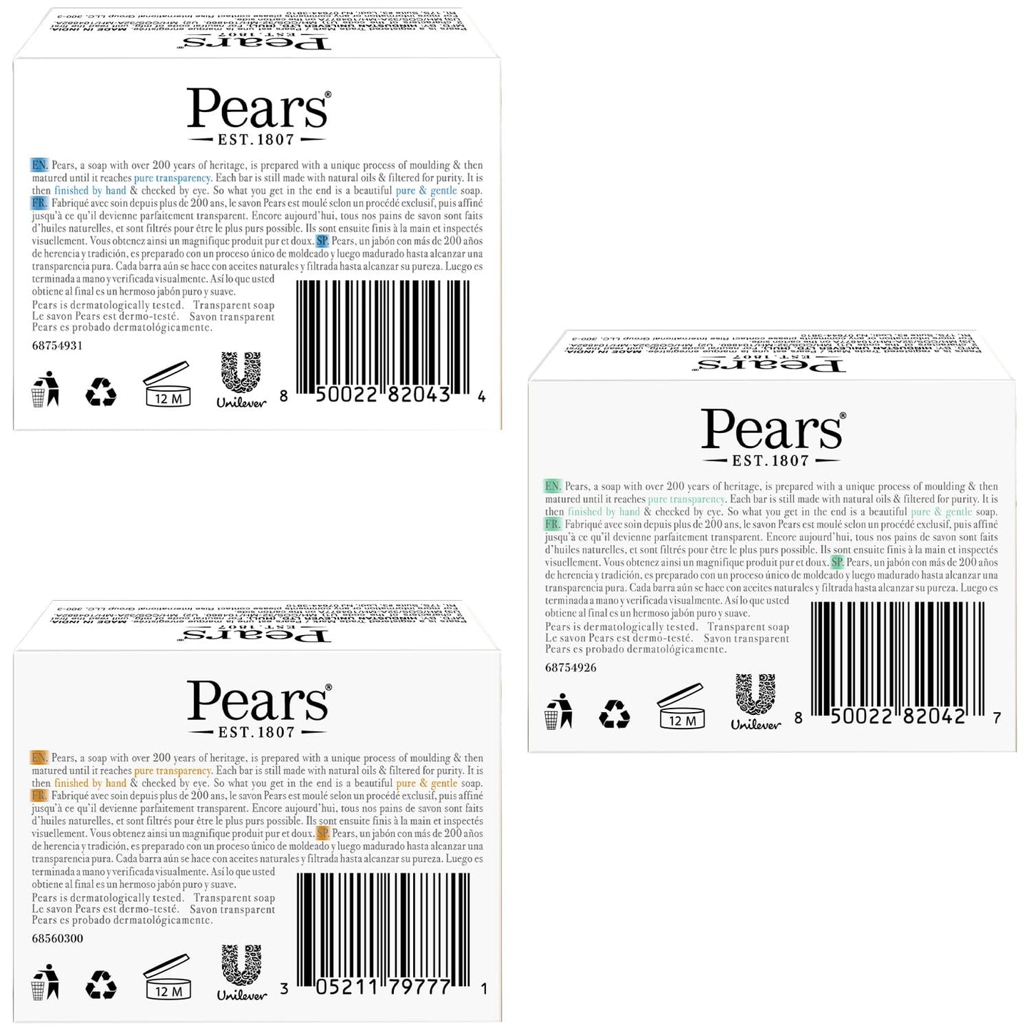 Pears Soap, Pure & Gentle Glycerin Soap Variety 3-Pack – Blue with Mint, Green with Lemon Flower Extract, and Amber with Natural Oils, 4.4 Oz Each
