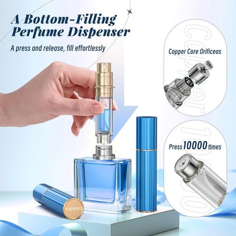 YIERSO 10ml Perfume Atomizer Travel Refillable,Bottom-Filling Fragrances Perfumes Bottle,Mini Cologne Dispenser, Portable Sprayer Pocket Size for Women Men Cruise Car Trip Gift 0.34oz (Blue-10ml)