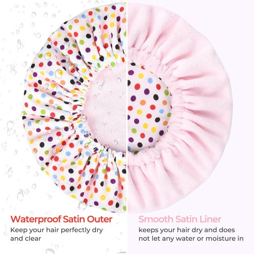 Shower Cap for Women Terry Lined Bath Cap Large Reusable Waterproof Elastic Band Pink Point Shower Caps for Long Thick Hair Soft Bath Shower Hair Caps