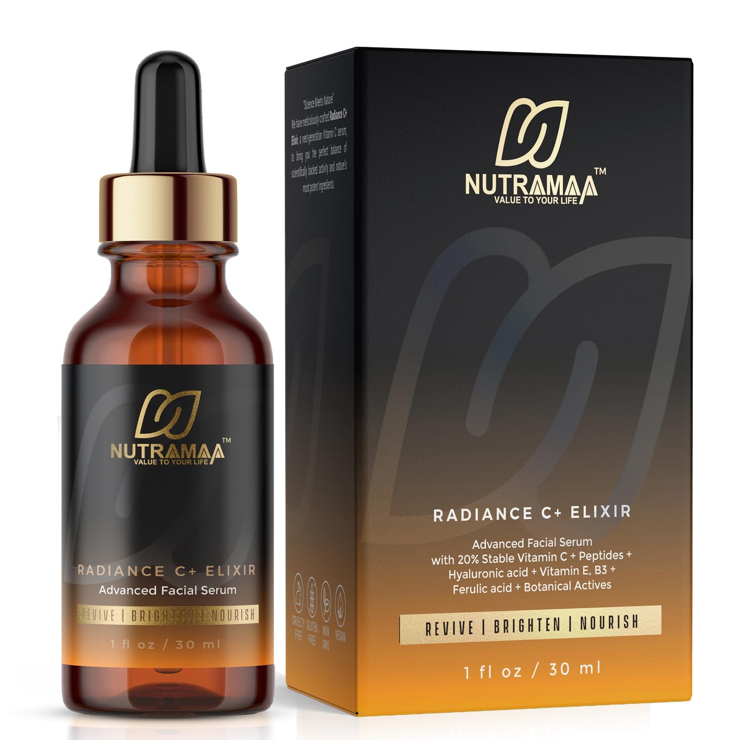 Radiance C+ Elixir 20% Vitamin C Face Serum with Hyaluronic Acid & Peptides, Ferulic Acid + Vitamin E – Brightening, Hydrating, Anti Aging & Antioxidant Facial Serum – Vegan Fragrance Free, 1 fl oz