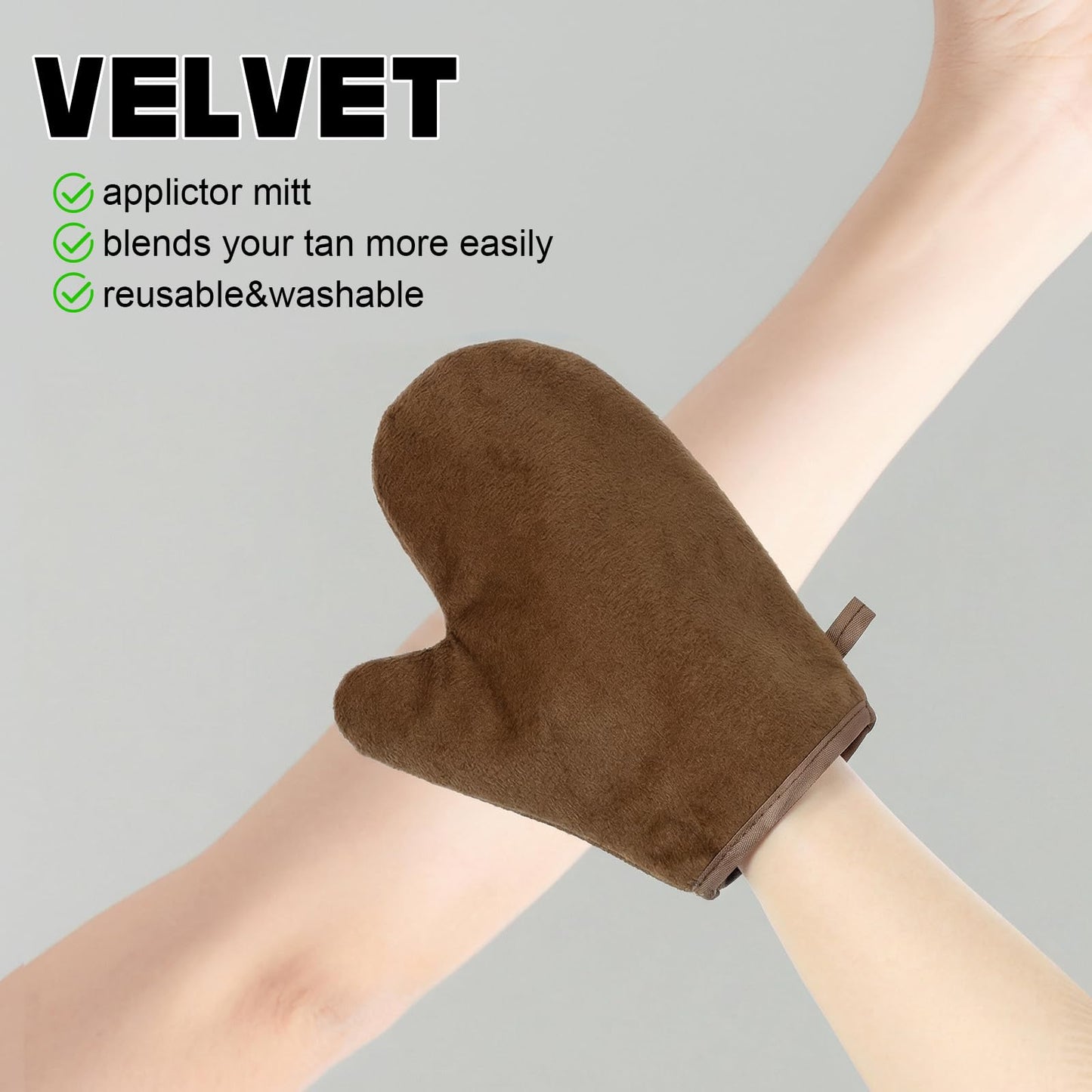 Self Tanning Mitts, Back Self Tanner Applicator Double Sided Reusable Sunless Tanning Mittens 4 in 1 Tanner Gloves with Thumb for Tan Lotion (Brown)