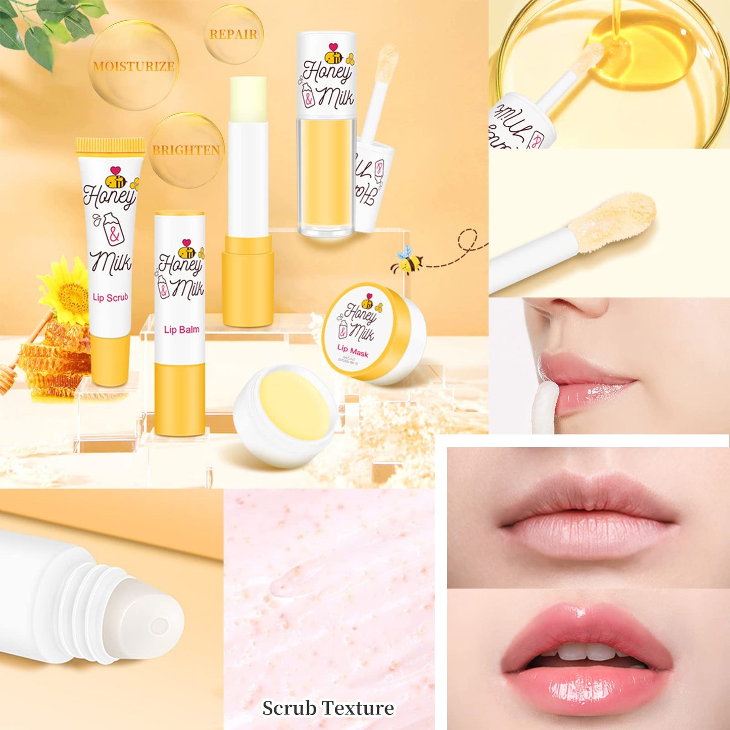 LSxia 4 Piece Honey Milk Lip Mask Lip Balm Lip Scrub Lip Oil Lip Care Kit