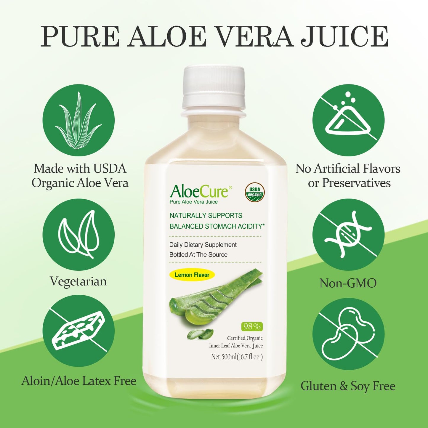 AloeCure USDA Organic Aloe Vera Juice Lemon Flavor - Made Within 12 Hours of Harvest - Natural Digestive Supplement for Balanced Stomach Acidity - Support Digestive and Immune Health - 1 Btl x 16.7oz