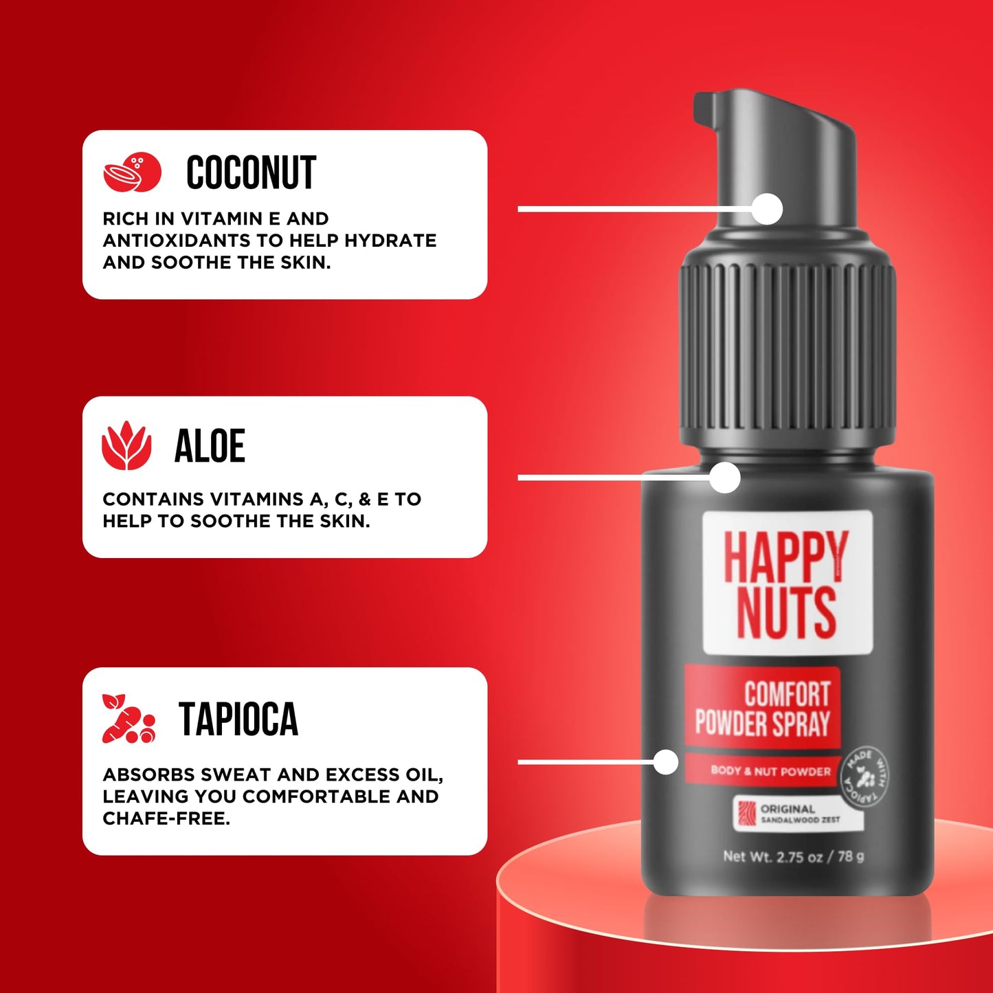HAPPY NUTS Comfort Powder Spray: Anti Chafing & Mens Deodorant, Aluminum-Free, Sweat and Odor Control for Jock Itch, Groin and Men's Private Parts