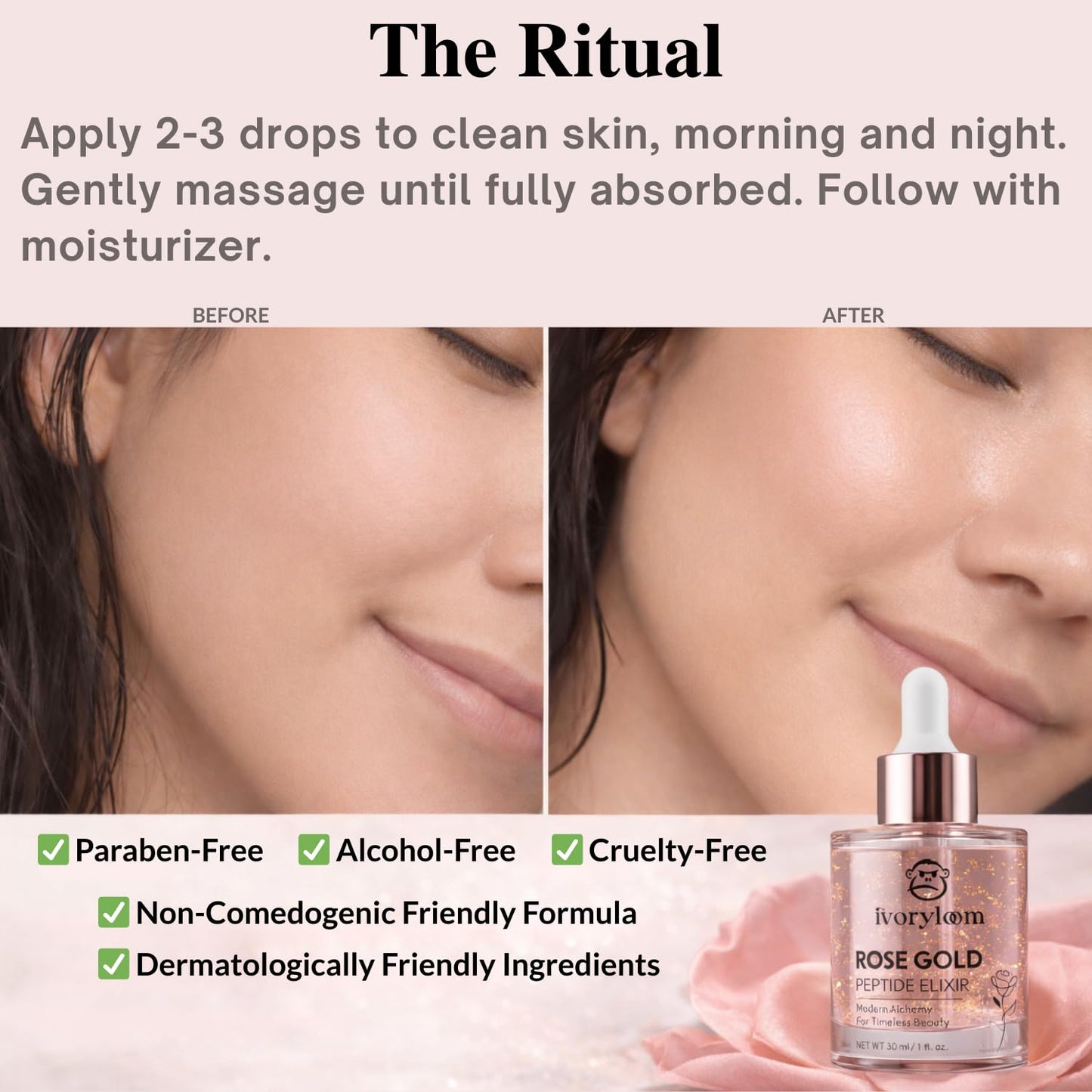 ivoryloom Rose Gold Peptide Elixir Face Serum | 24K Gold, Rose Extract, Peptides, Hyaluronic Acid, Vitamin C & Niacinamide | Luxury Hydrating Brightening Serum for Radiant Skin | 1 fl oz