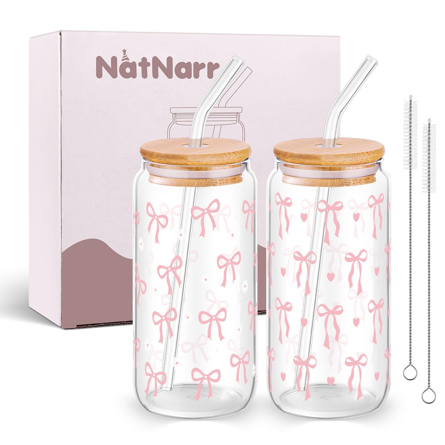 2 Pcs Cute Glass Cups with Lids and Straws, Pink School Supplies 16oz Coquette Pink Bow Iced Coffee Girly Preppy Design Tumbler Mug for Girls Women Kids Bridesmaid Birthday Wedding Bride Shower Gifts