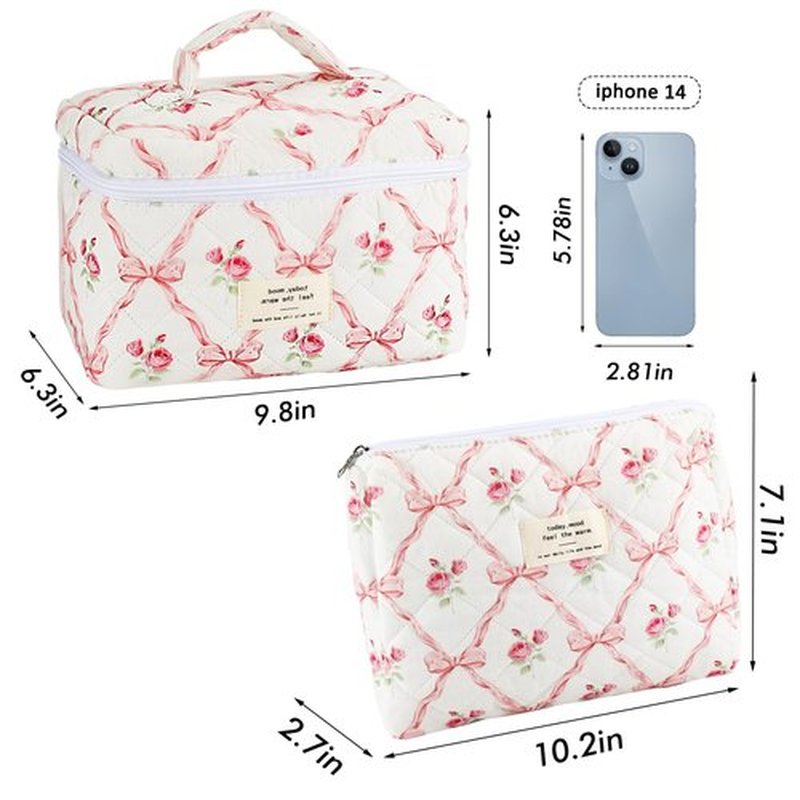 URSKYTOUS 2Pcs Cotton Quilted Makeup Bag for Women Girls Large Small Travel Floral Cosmetic Bags Set Cute Coquette Pink Makeup Pouch for Purse Aesthetic Cloth Flower Storage Toiletry Bag Organizer