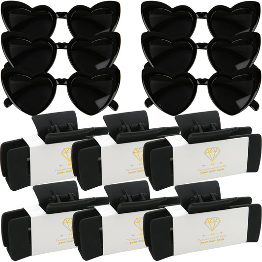 12pcs Bridesmaid Proposal Gifts 4.1inch square Bachelorette hair Claw Clip heart Sunglasses set of 6 Girls Trendy gift for Wedding Party Favors(Black)