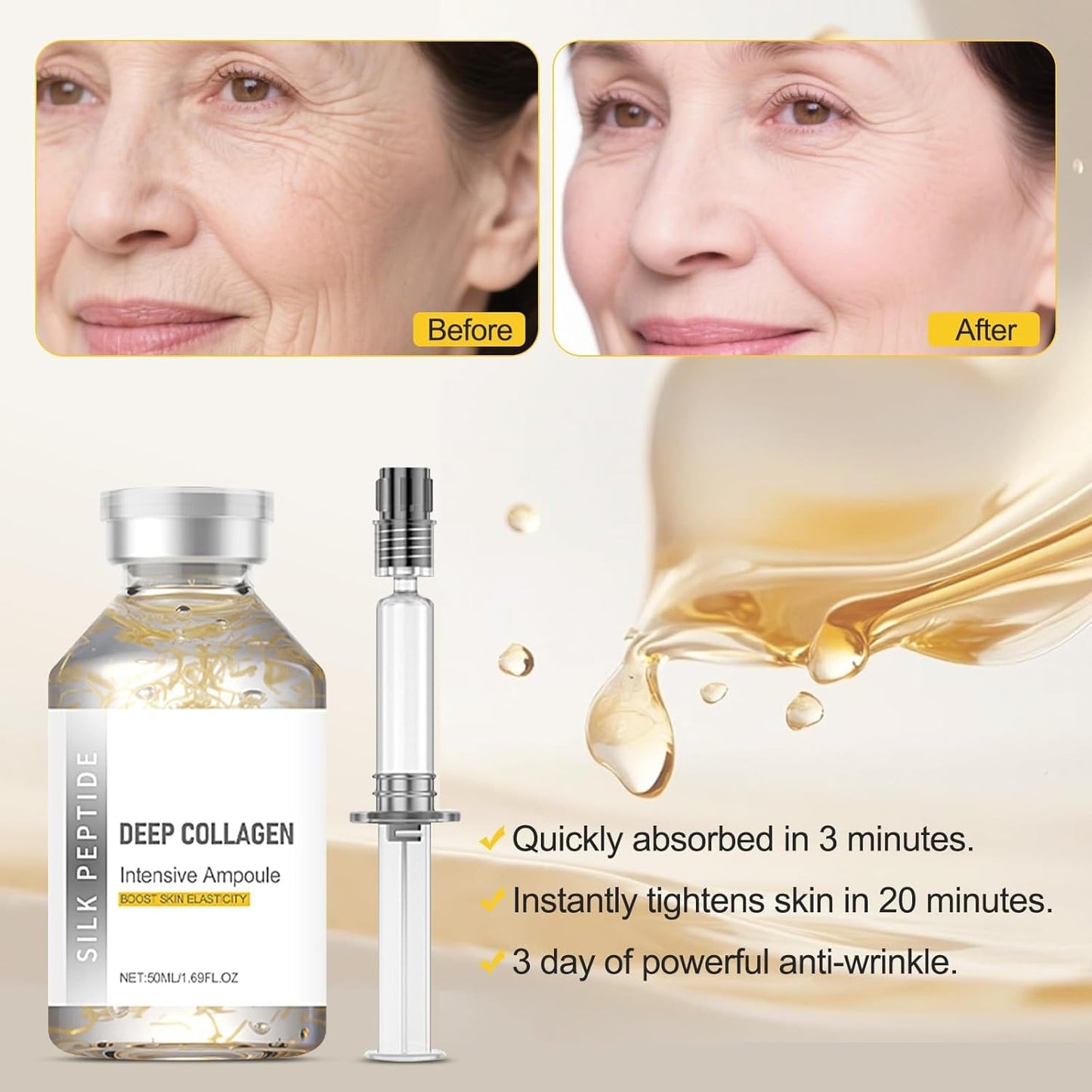 Glow Intensive Silk Peptide Intensive Lifting Ampoule, Deep Collagen Silk Peptide Intensive Lifting Ampoule Serum Korean Anti Aging Serum for Face Tightening and Lifting (1pc*50ML)