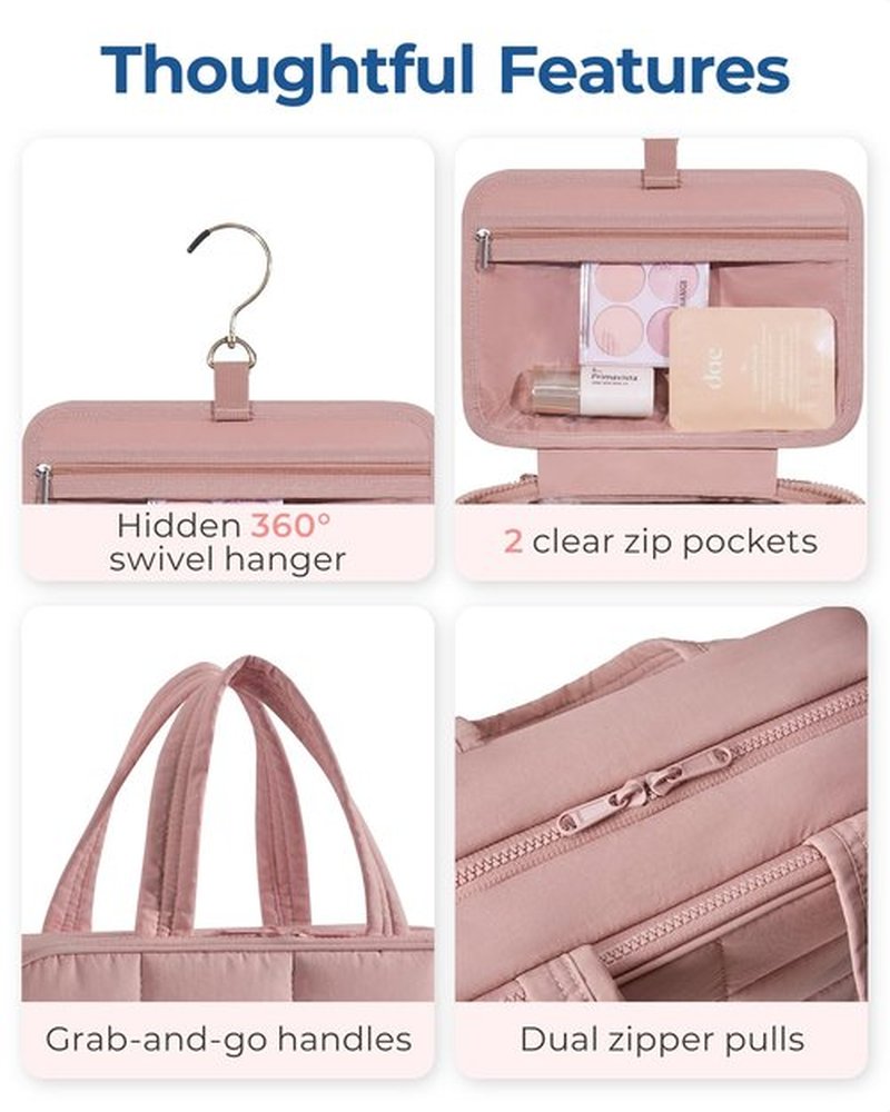 BAGSMART Travel Toiletry Bag with Jewelry Organizer, Hanging Travel Bag for Toiletries, Puffy Makeup Cosmetic Bag Organizer, Carry-on Travel Accessories Essentials, Dark Pink-M