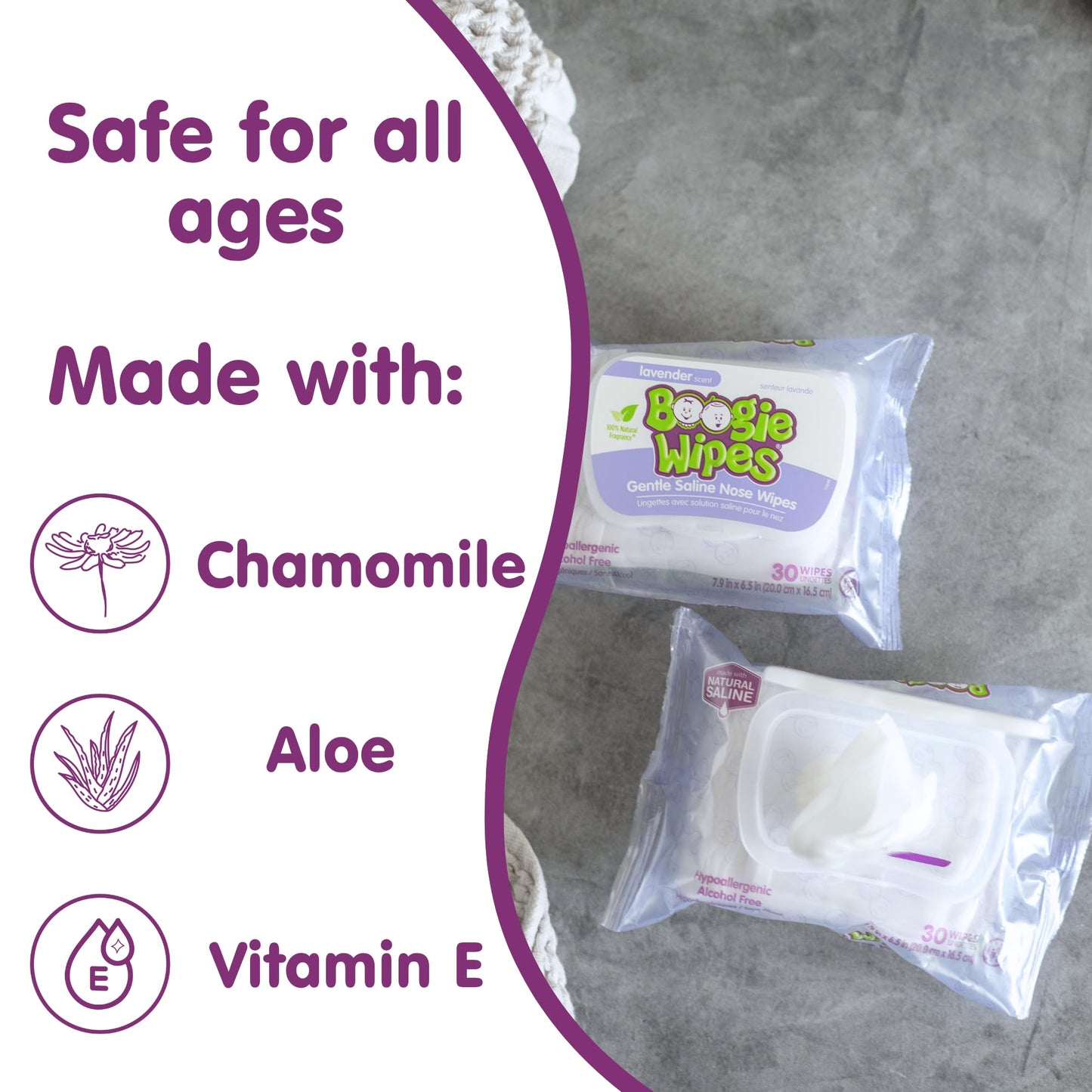 Boogie Wipes Gentle Saline Nose Wipes - 45 Count - Lavender Scent, Hypoallergenic & Alcohol-Free - Allergy Relief - Made with Natural Saline, Aloe, Chamomile & Vitamin E - Diaper Bag Essential