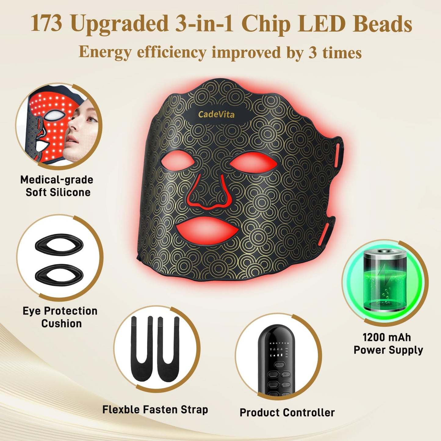 CadeVita Red Light Therapy Mask for Face and Neck, 7 Colors LED Face Mask with 173 LED Beads, 1200mAh Rechargeable Led Face Mask with Timer Function for Skin Care Device at Home and Travel, Black