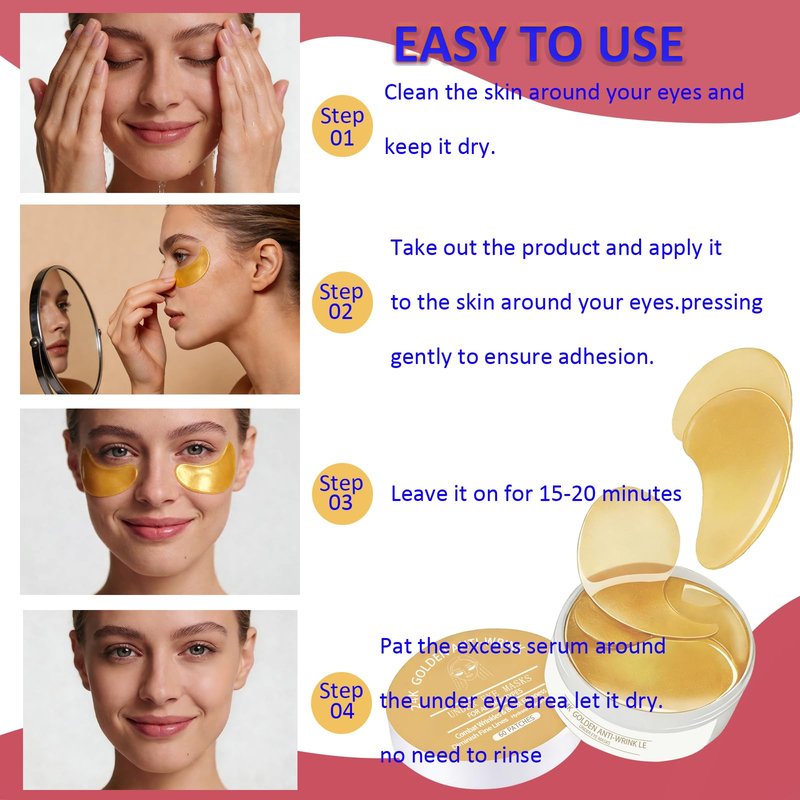 Collagen Under Eye Patches, Hydrating Hyaluronic Acid Eye Masks for Dark Circles & Puffiness, Anti-Aging Under Eye Gel Pads with Gold & Soothing Botanicals for Women Men All Skin Types, 60 Pairs