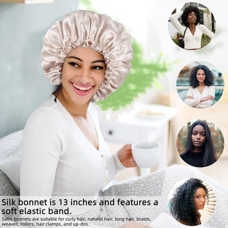 Satin Bonnet Silk Bonnet for Curly Hair Bonnet Braid Bonnet for Sleeping Bonnets for Women Large Double-Layer Adjustable(2Pcs Champagne)