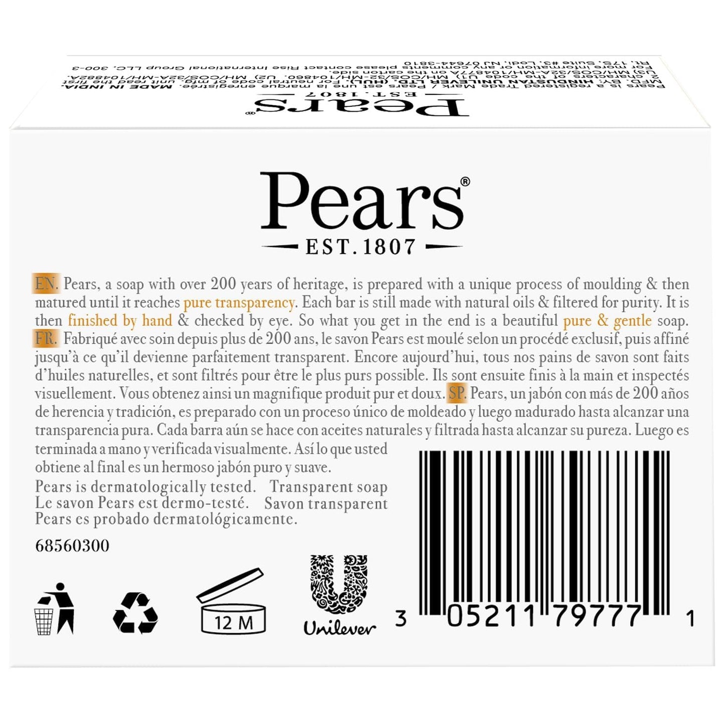 Pears Soap, Pure & Gentle with Natural Oils, 3-Pack – Transparent Amber Glycerin Soap for Pampered, Glowing Skin, 3.53 Oz Ea
