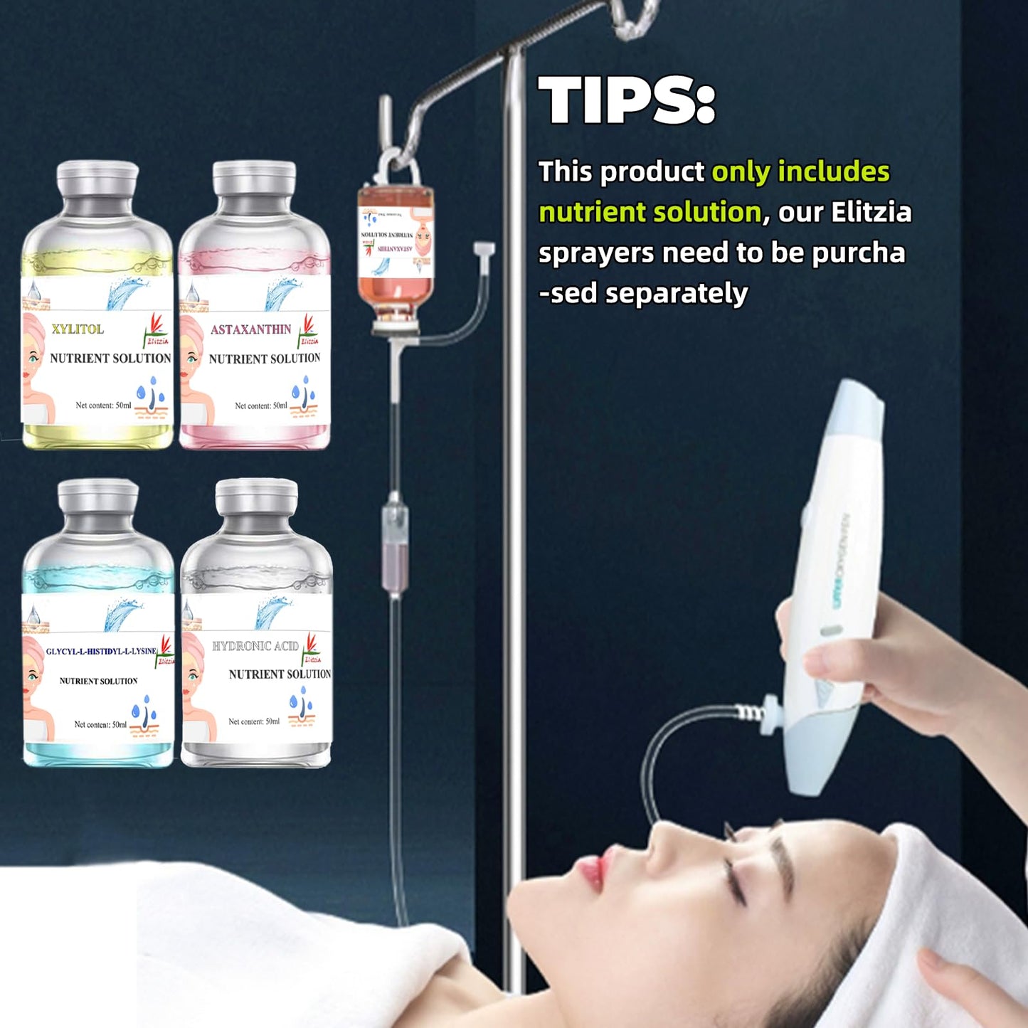 Elitzia Oxygen Facial Machine Oxygen Infusion Device Oxygen Sprayer Facial Nutrient Solution Set SPA Skincare Anti Aging Beauty Salon Machine 1.69fl.oz Per Bottle